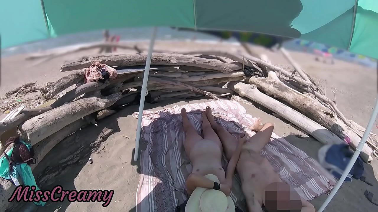 Exhibitionist Wife Outdoor Amateur Milf Handjob Big Cock on Nudity Beach public in front of voyeur with cumshot - MissCreamy