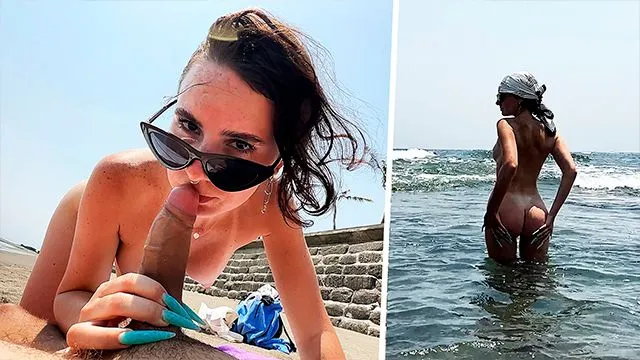Public Blowjob on the Beach from a Big-assed Beauty
