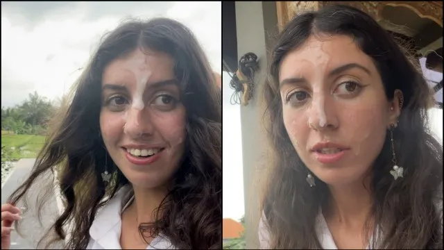 Walking with Cum on Face in Cafe - Girl Eats Pizza and Swallows Cum