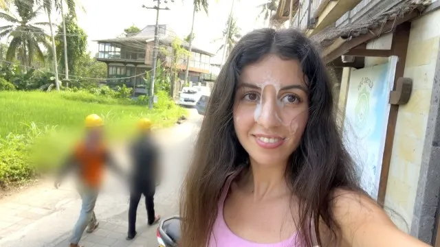 Cute Girl Eating Burger with Cum on Her Face in Public Cafe